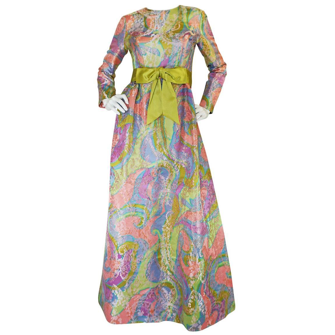 Romantic 1960s Sarmi Pink Pastel Silk Brocade Hostess Dress