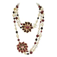 Chanel Burgundy/Black/White Long Beaded Necklace W/ Gripoix Pendants 2