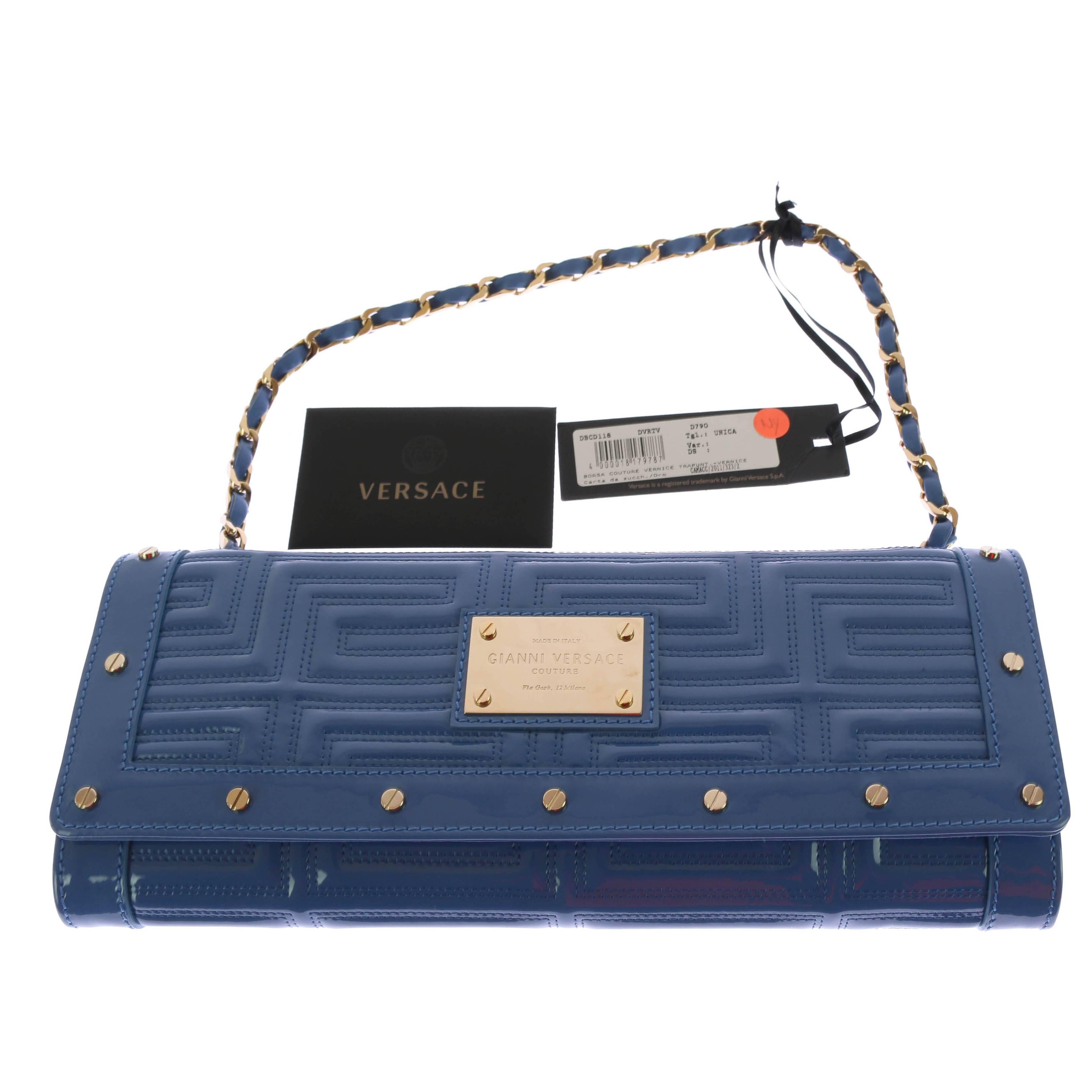 Gianni Versace Couture blue patent leather bag clutch with chain
