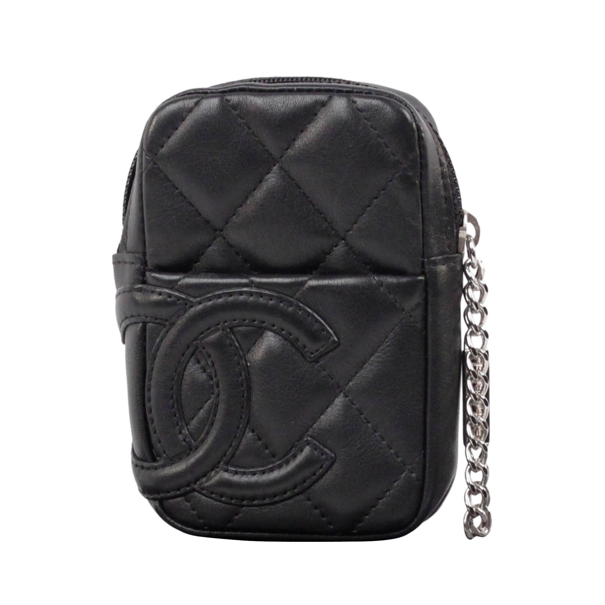 CHANEL Cambon Black QUILTED Leather CIGARETTE CASE Holder Zip POUCH