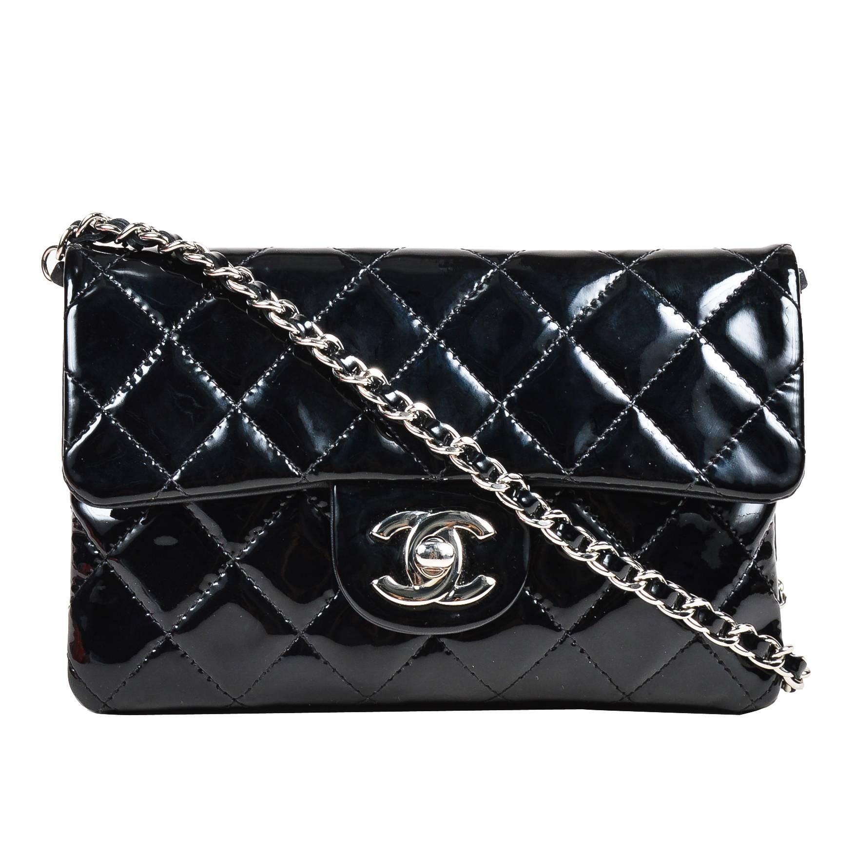 Chanel Black Patent Leather Quilted "Dual Pocket Crossbody" Chain Strap Bag For Sale