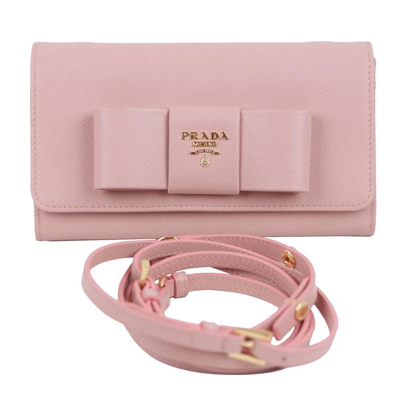 PRADA Pink Leather SAFFIANO FIOCCO Ribbon STRAP WALLET Purse WOC 1M1437 w/BOX For Sale at 1stdibs