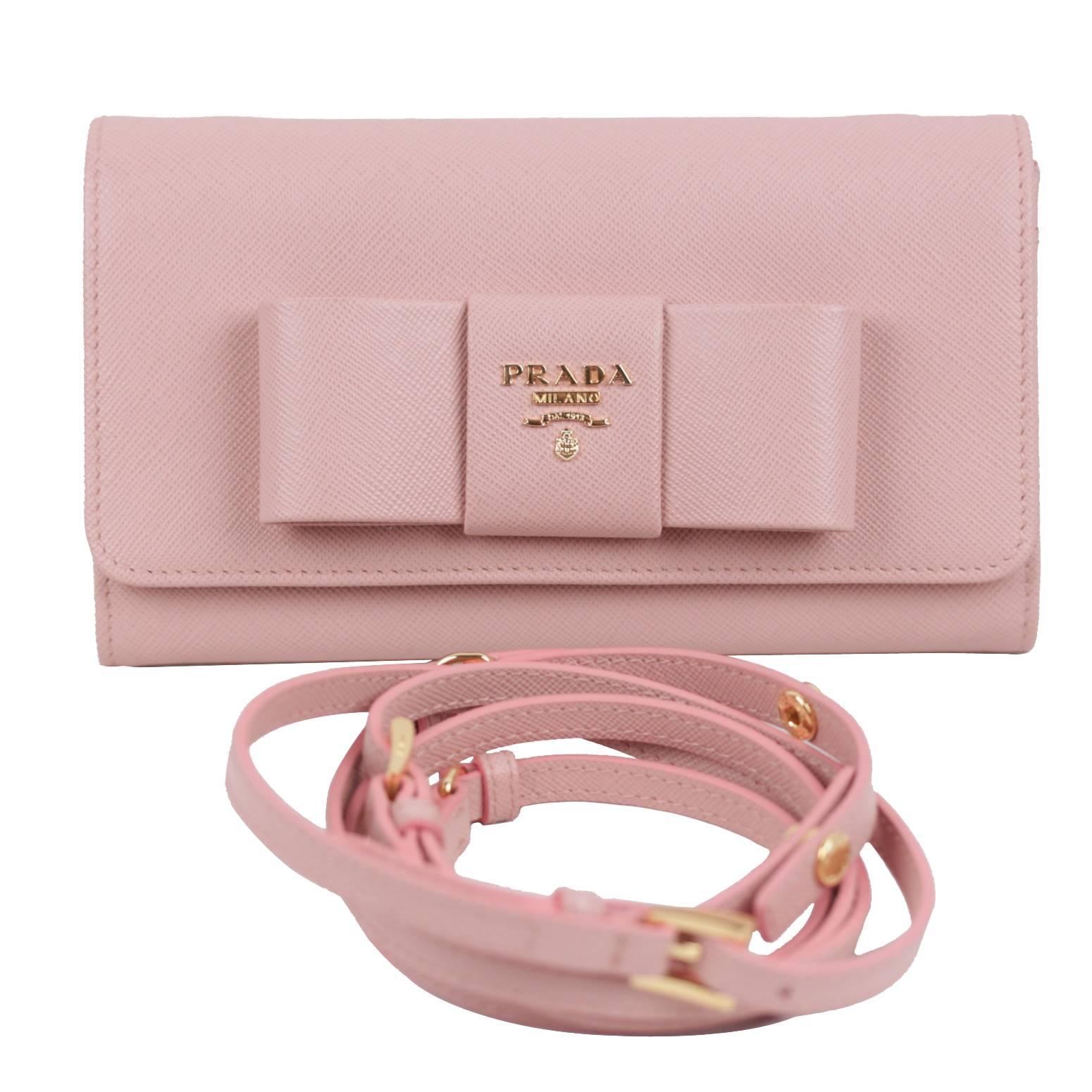 PRADA Pink Leather SAFFIANO FIOCCO Ribbon STRAP WALLET Purse WOC 1M1437 w/BOX