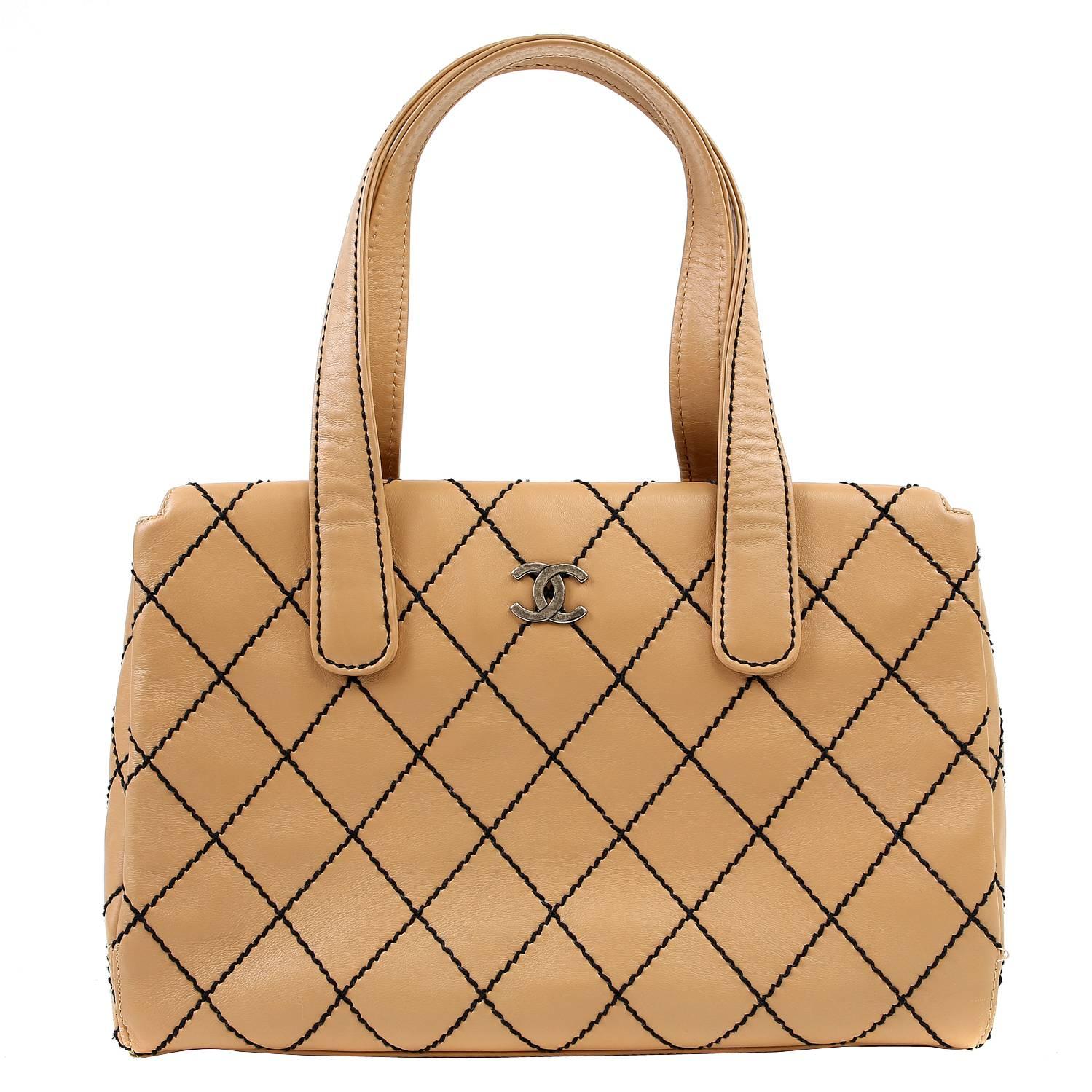 Chanel Beige Leather Tote with Black Top Stitching For Sale