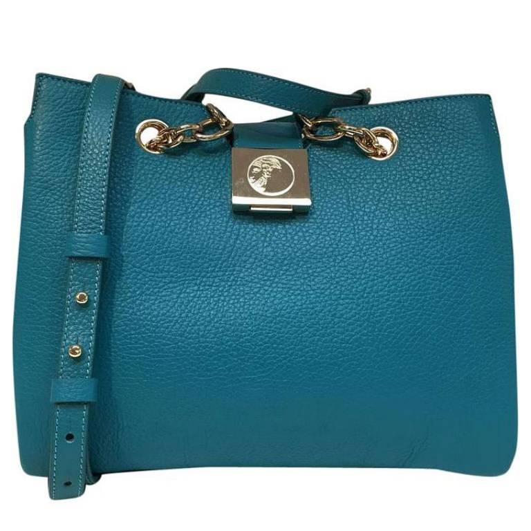Versace Collection Pebbled Leather Turquoise Tote Bag at 1stdibs