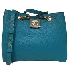 Versace Collection Pebbled Leather Turquoise Tote Bag