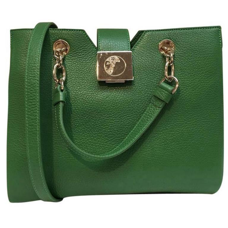 Versace Collection Pebbled Leather Green Tote Bag