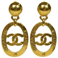 Chanel Vintage Gold Large CC Chanel Paris Doorknocker Round Hoop Earrings in Box