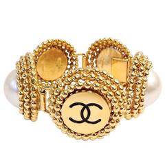 Chanel Rare Vintage Gold Lage Pearl CC Logo Charm Cuff Bangle Bracelet in Box
