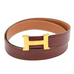 Hermes Burgundy x Brown Leather x Gold Tone H Buckle Belt Size 90