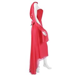 Used 1950's Irene Lentz Coral-Pink Pleated Silk Strapless Floral-Applique Dress Gown