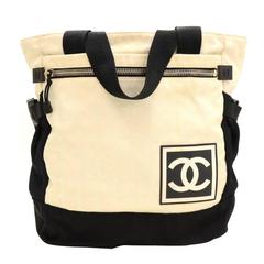 Vintage Chanel Travel Line Black x White Jacquard Nylon Tote Backpack Bag