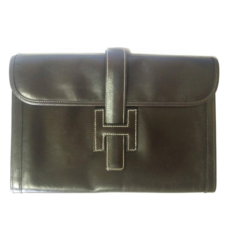 vintage HERMES jige PM, document case, dark brown portfolio purse in