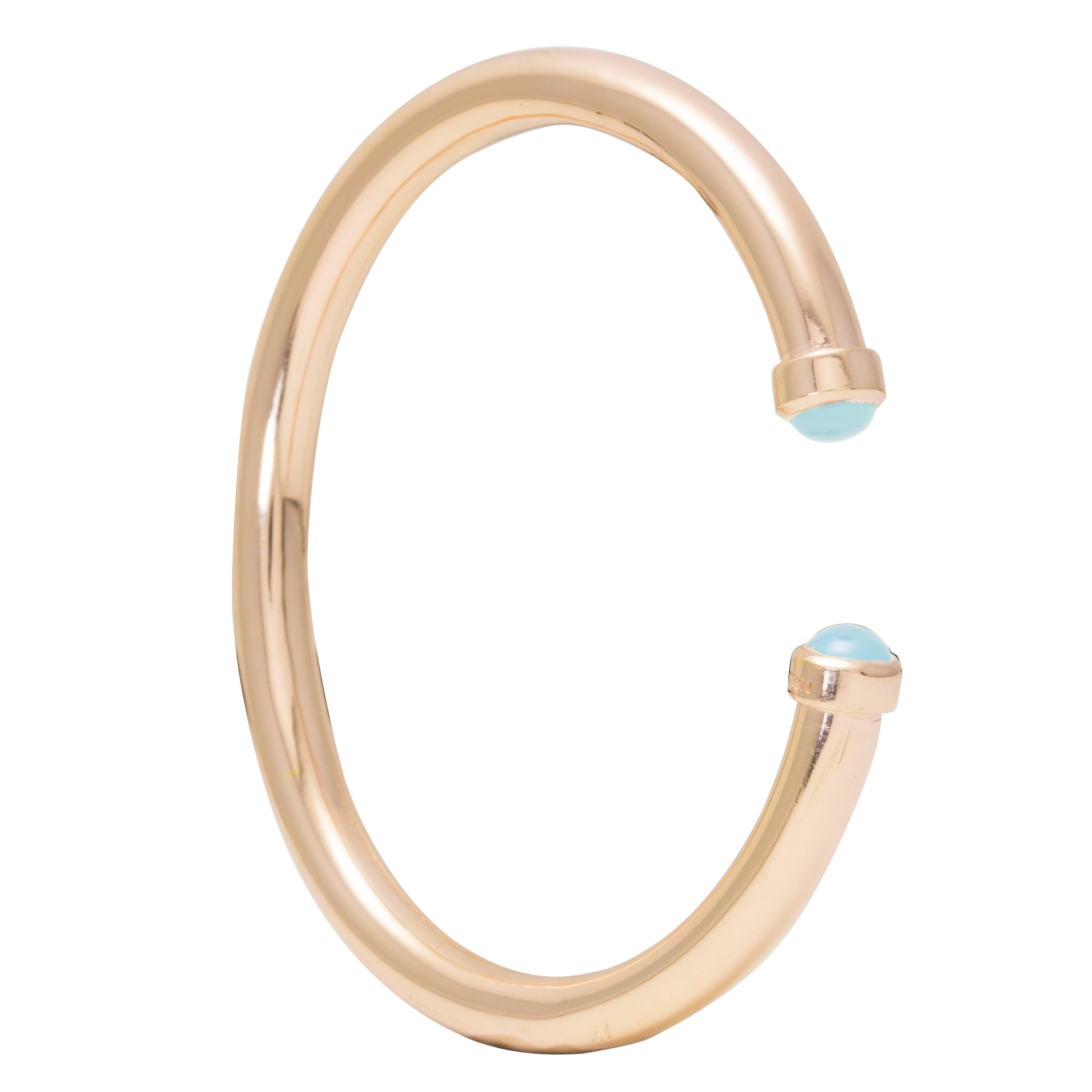 Mateo/Brown Tubo Bangle 18k Rose  Gold Vermeil and  Cabochon Blue Chalcedony For Sale