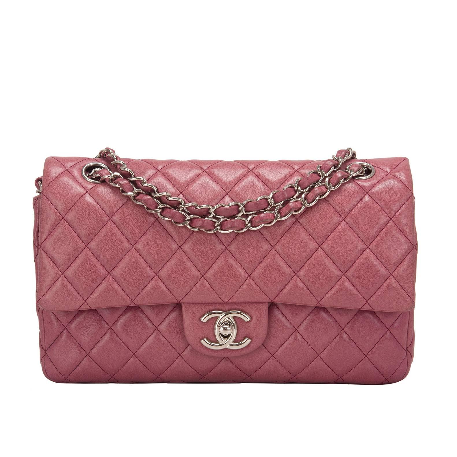 Chanel Rose Fonce Lambskin Medium Classic Double Flap Bag at 1stDibs