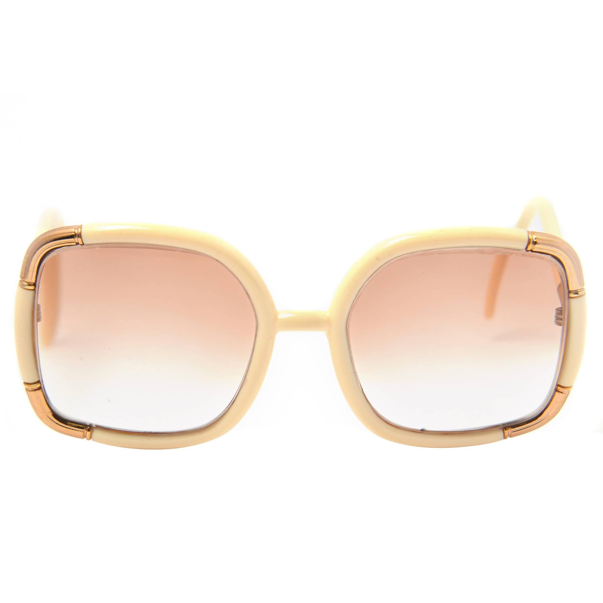 1970s Ted Lapidus Paris White and Gold Framed Sunglasses 