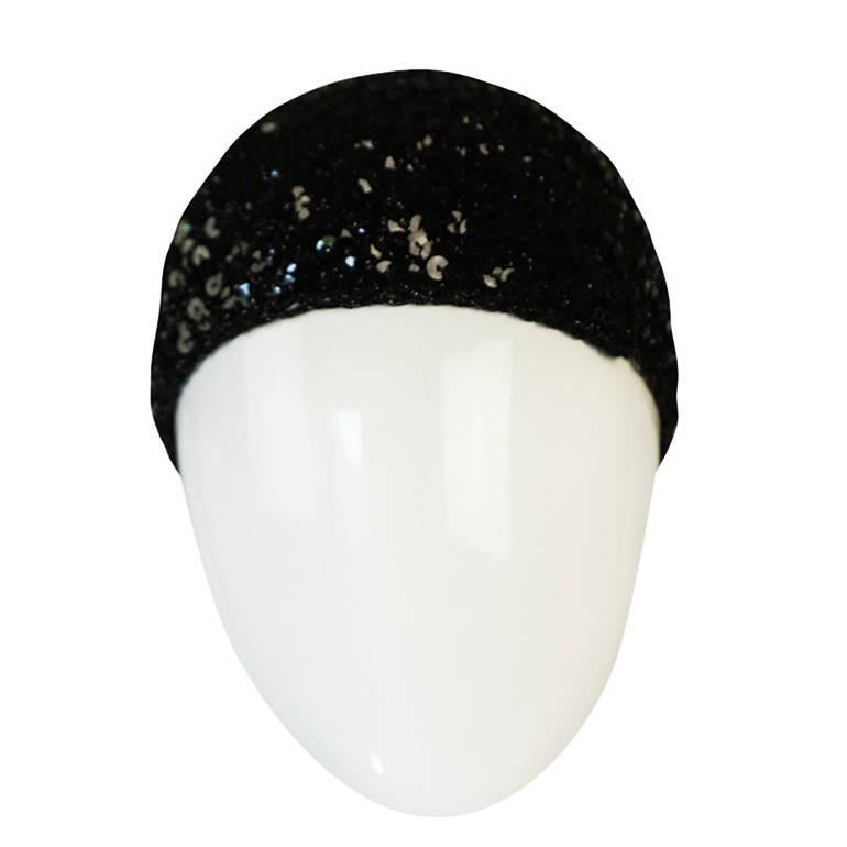 Rare 1970s Halston Glossy Black Sequin Skull Cap Cloche