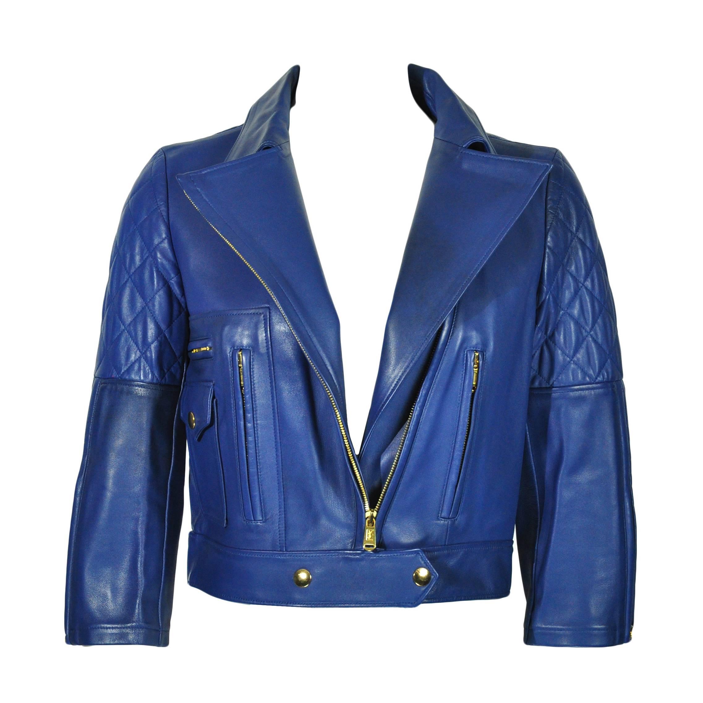 Yves Saint Laurent Blue Quilted Leather Biker Jacket FR36 New For Sale