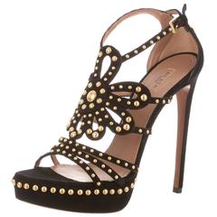 Alaia NEW & SOLD OUT Black Suede Gold Bead Laser Cut Out Sandals Heels in Box