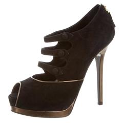 Fendi NEW & SOLD OUT Black Suede Brown Leather Cut Out Button Heels in Box