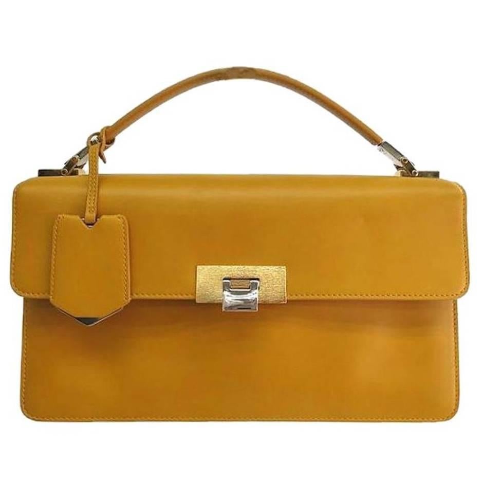 Balenciaga Yellow Leather Kelly Style Top Handle Satchel Flap Bag