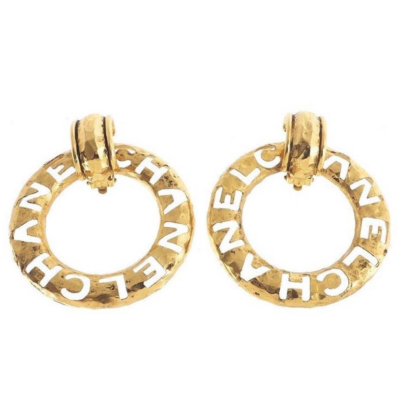 Chanel Vintage Oversize Large "CHANEL" Inscribed Logo 2 in 1 Hoop Earrings at 1stDibs | chanel