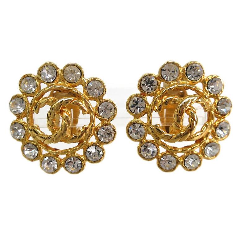 Chanel Vintage Gold Jewel CC Logo Flower Earrings in Box at 1stDibs