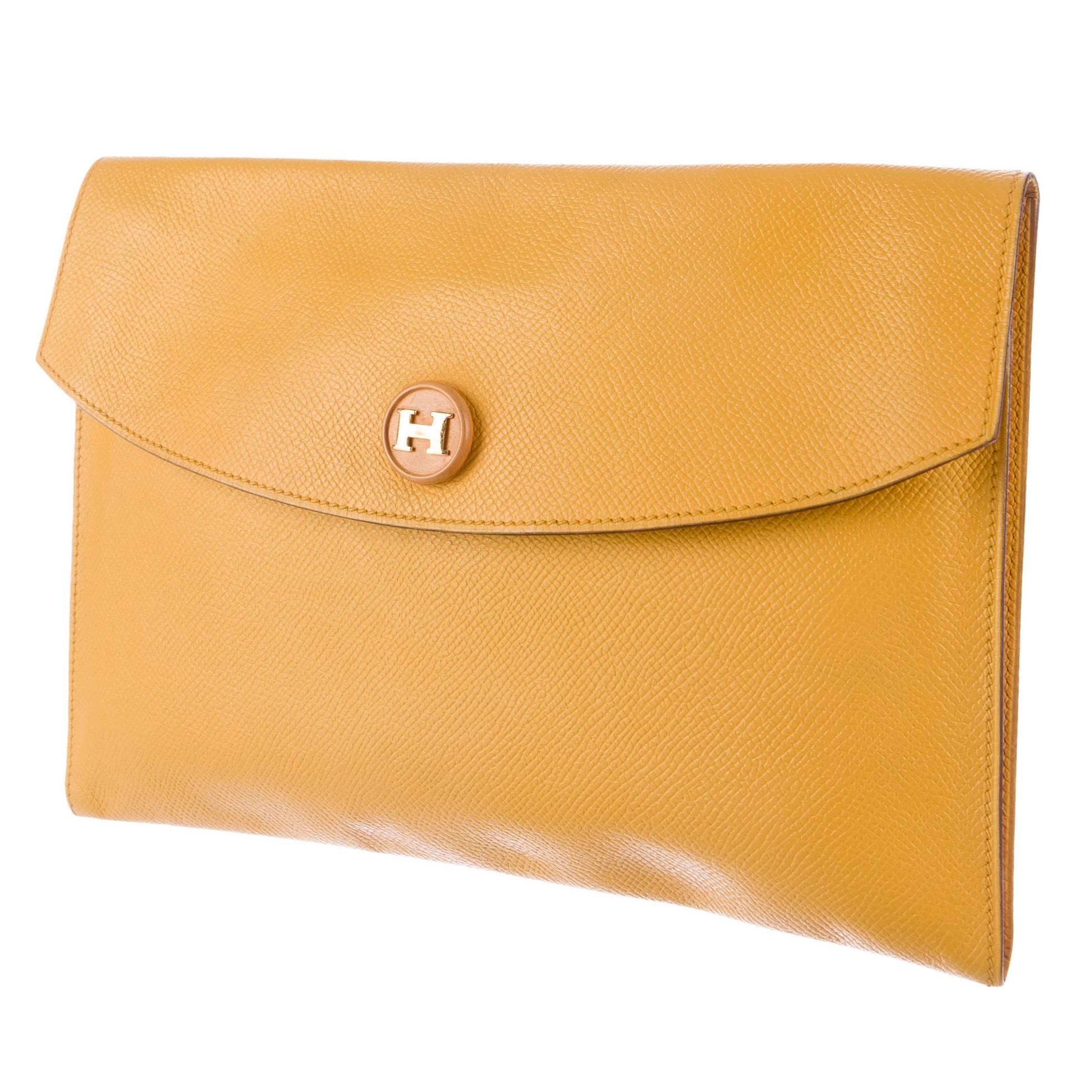 Hermes Vintage Yellow Leather 'H' Logo Envelope Clutch Flap Bag