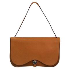 Hermes Cognac Tan Leather Canvas Top Handle Foldover Flap Shoulder Bag