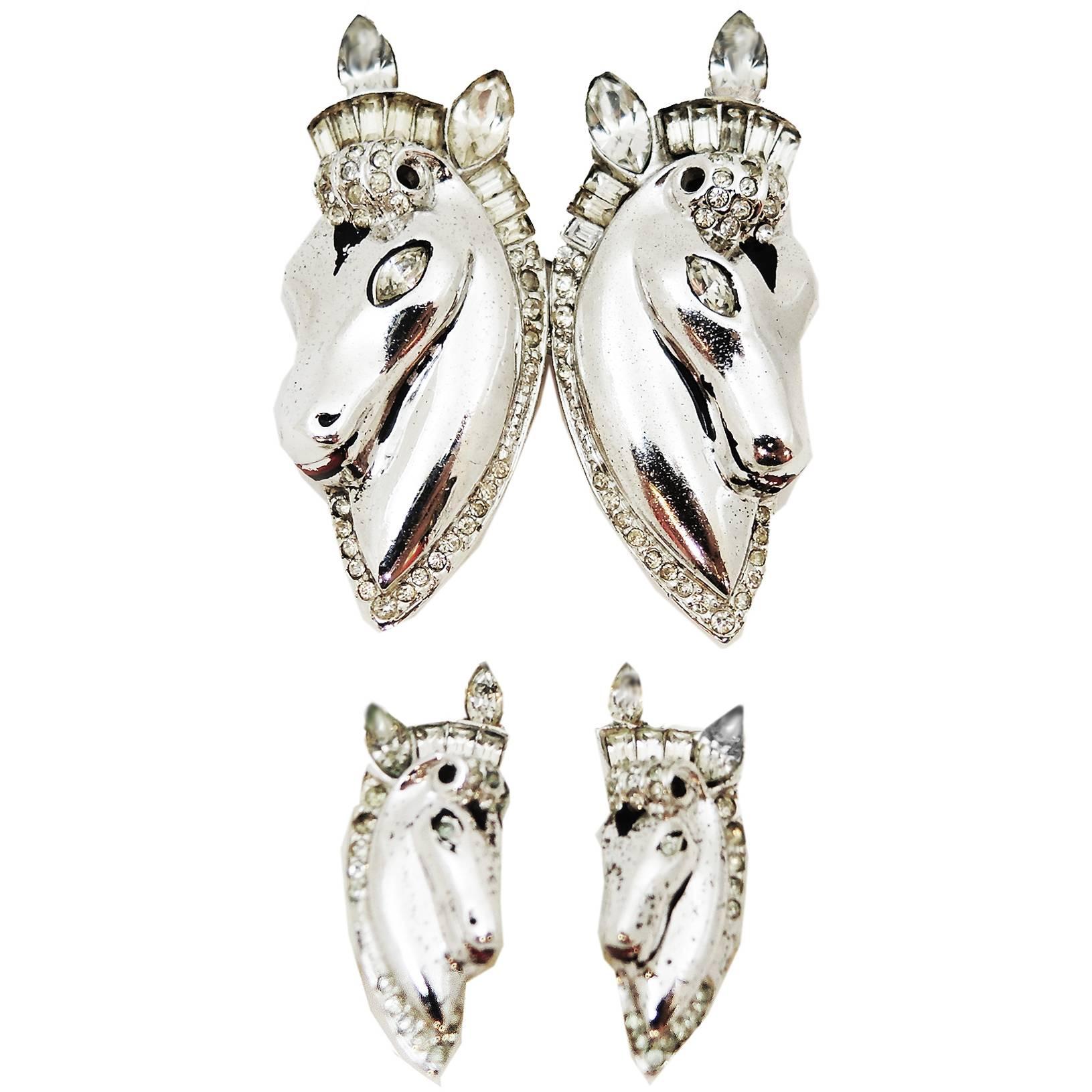 Coro Vintage Horse Head Duette Fur Clip / Pin and Clip Earrings, 1940s
