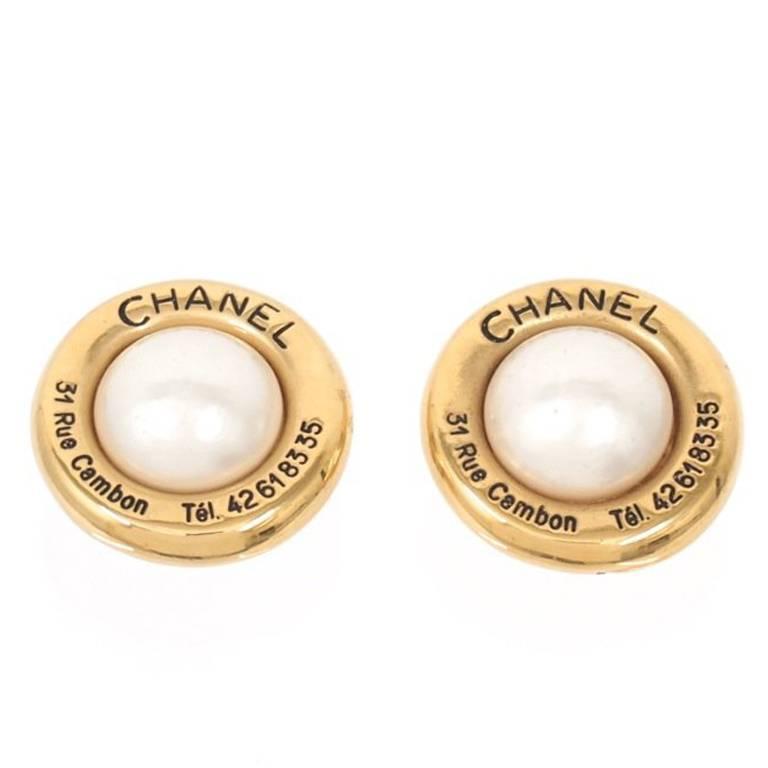 Chanel Vintage Gold Pearl Rue Telephone Number Large Button Earrings
