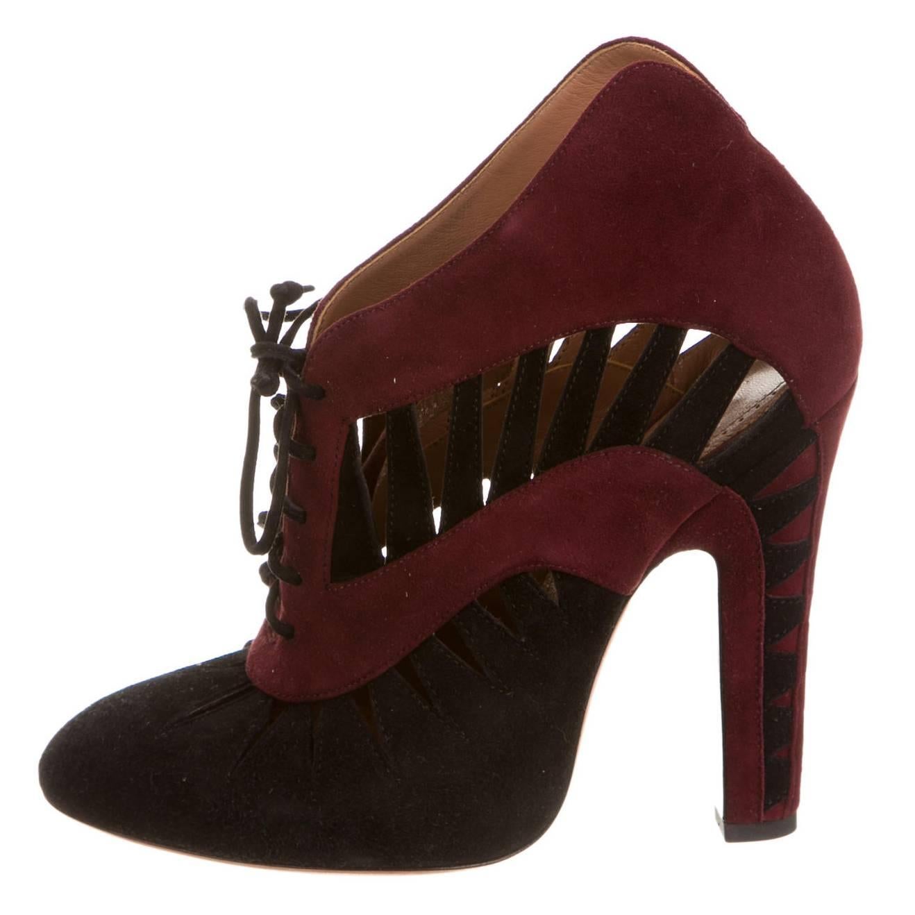 Alaia NEW & SOLD OUT Burgundy Black SuedeCut Out Lace Up Ankle Booties in Box 