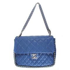 Chanel Jumbo Chain Around Flap Bag - Maxi Blue Leather Silver CC Quilted Handbag