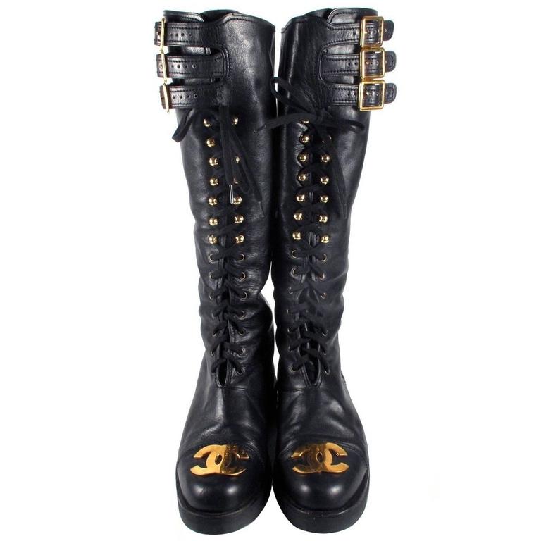 Chanel Boots 8/38 Tall Combat Vintage Black Leather CC Gold Lace Up Knee  High at 1stDibs