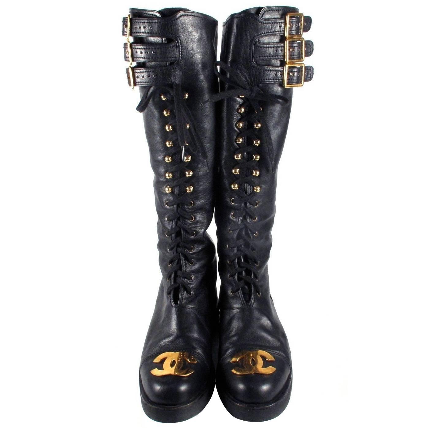 Chanel Boots 8/38 Tall Combat Vintage Black Leather CC Gold Lace Up Knee High