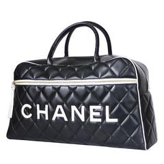 Retro Chanel Black Leather Letter Logo Jumbo Bowling Bag