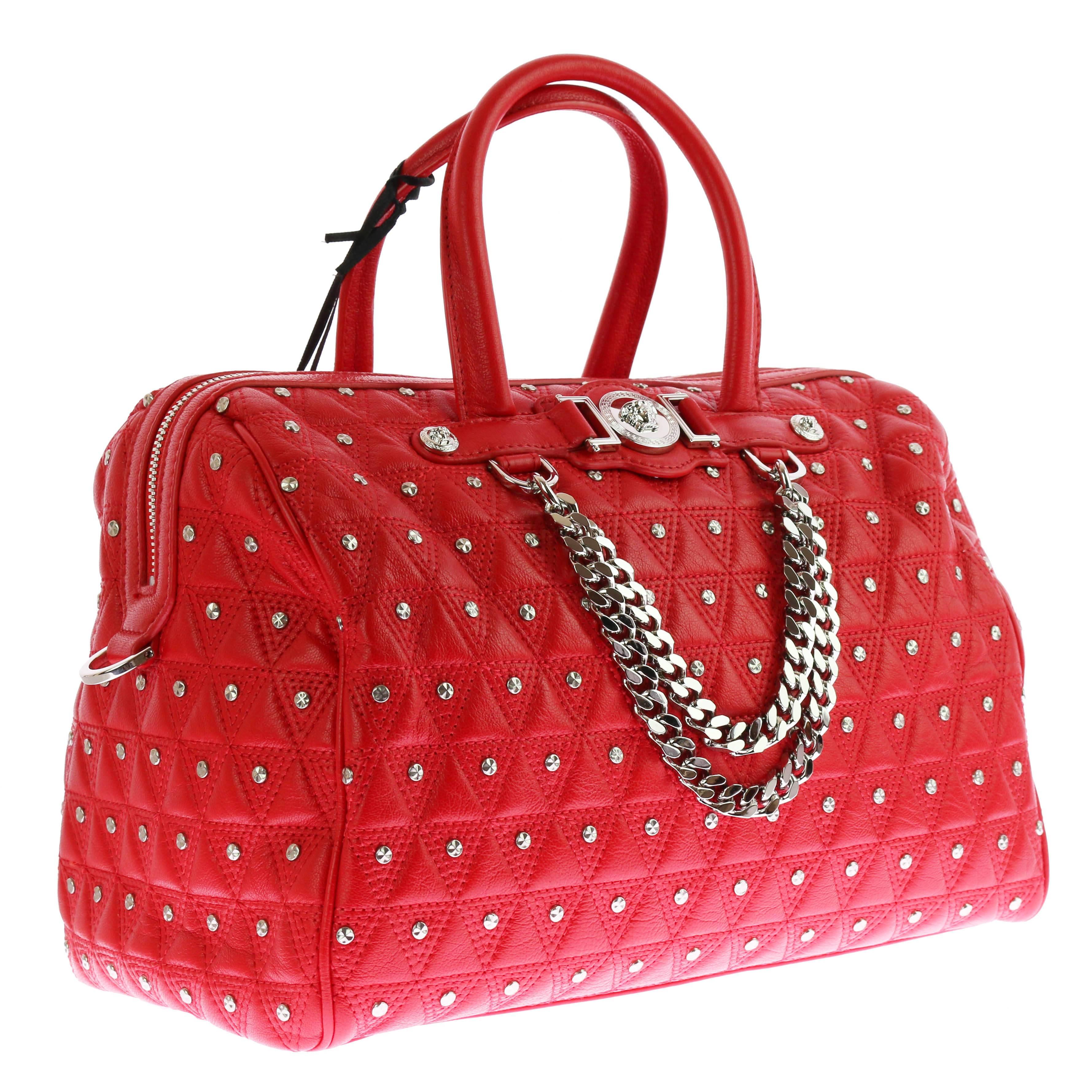 VERSACE "Signature" Studded Red Leather Duffle Bag