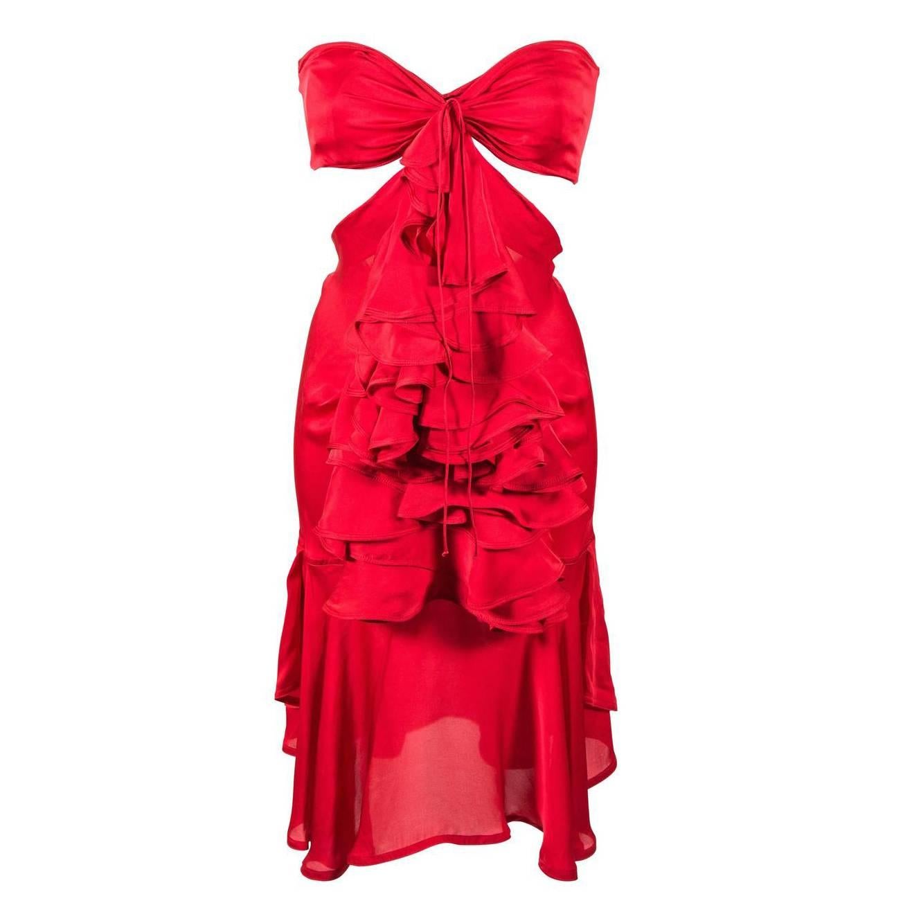 Tom Ford for Yves Saint Laurent Fall 2003 Red Silk Ruffle Dress FR36 For Sale