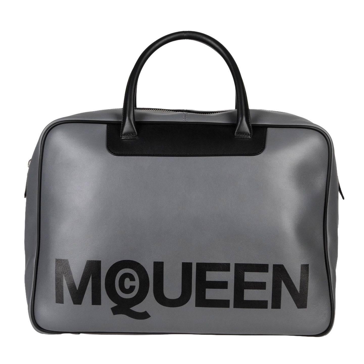 Alexander McQueen NEW Gray Black Leather "McQUEEN" Men's Unisex Bowling Bag