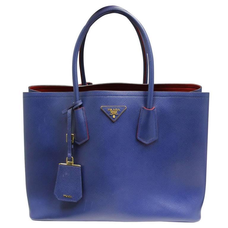 Prada Saffiano Cuir Double Bag Blue and Red Large Tote Bag at 1stDibs