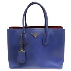 Prada Saffiano Cuir Double Bag Blue and Red Large Tote Bag