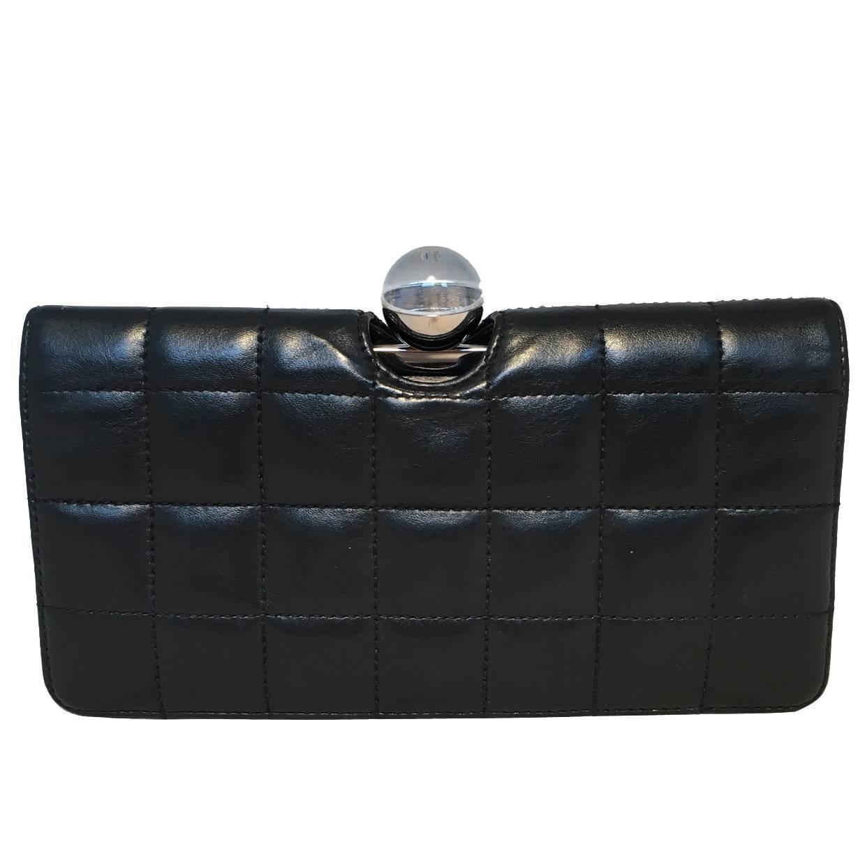 RARE Chanel Square Quilted Black Leather Crystal Ball Top Clutch