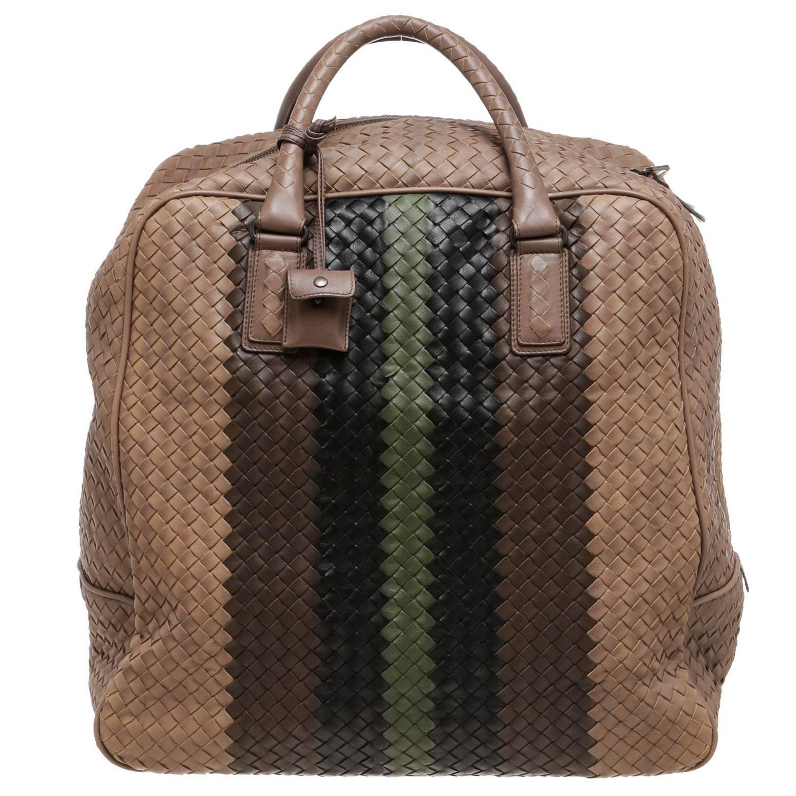 Bottega Veneta Taupe Multicolor Intrecciato Club Stripe Duffle Handbag For Sale