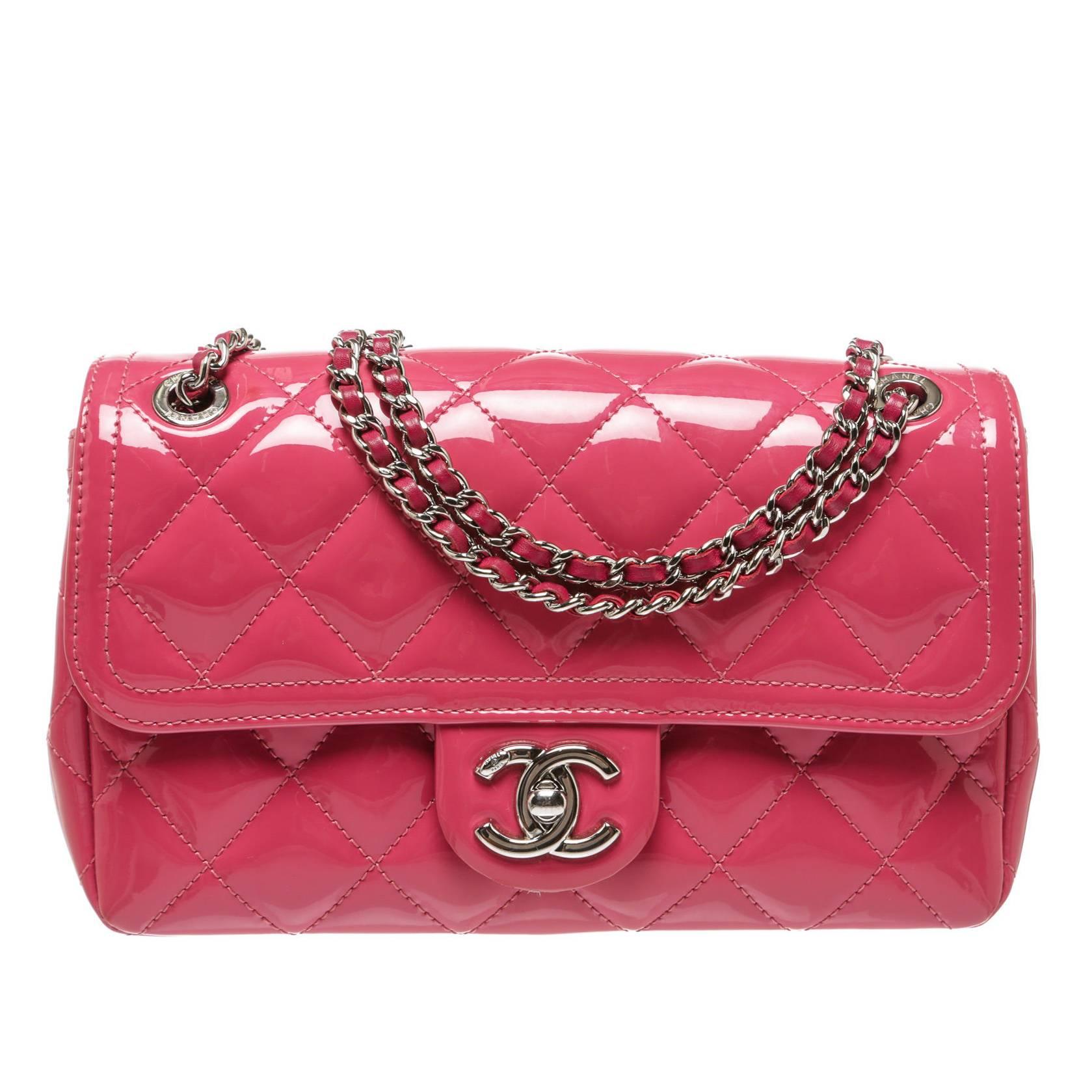 Chanel Pink Quilted Patent Leather Flap Shoulder Handbag For Sale