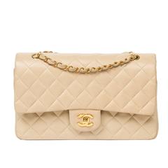 Vintage Chanel Classic Double Flap 26 Beige Quilted Leather