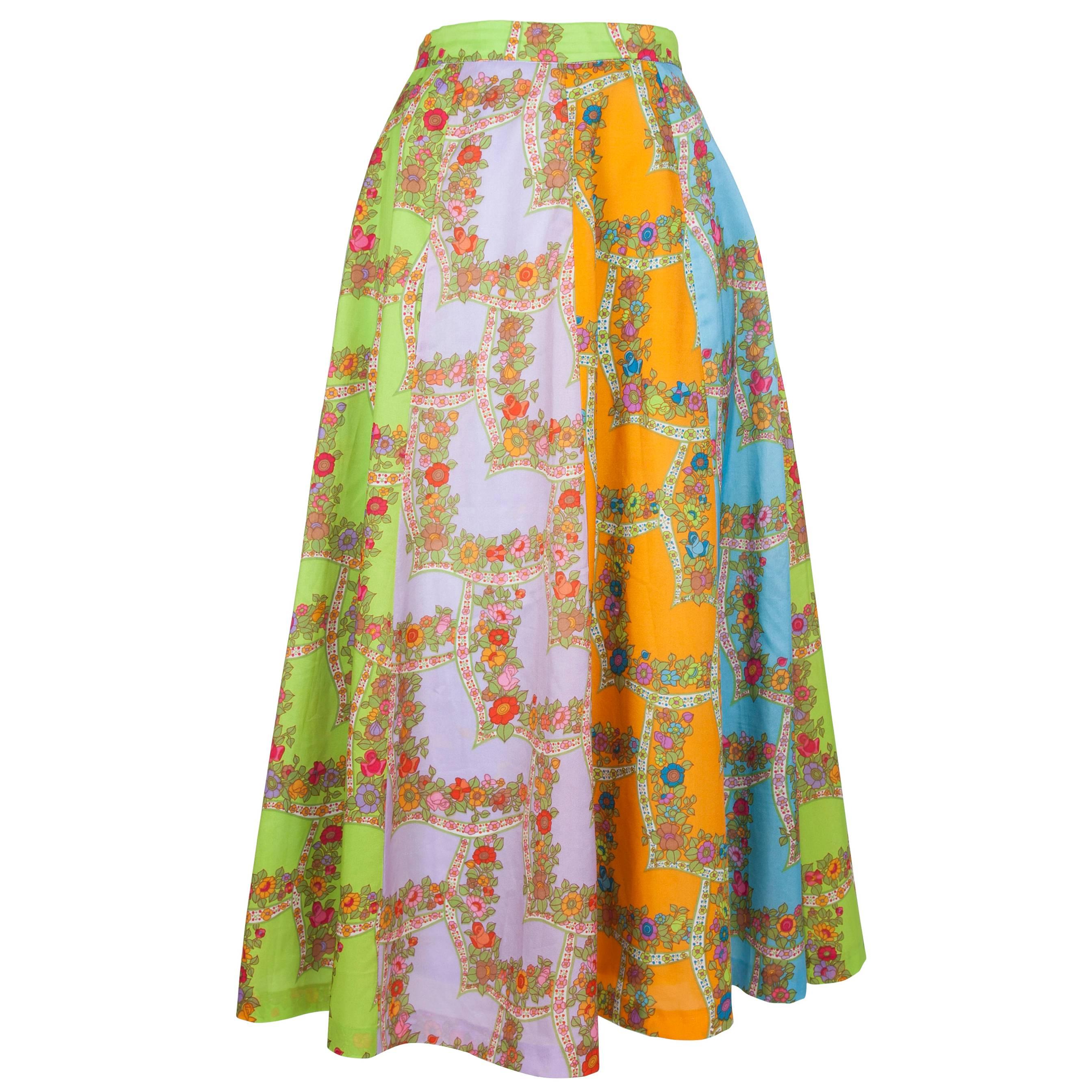1970's Bright Green Lilac and Orange Floral Grid Silky Circle Skirt For Sale