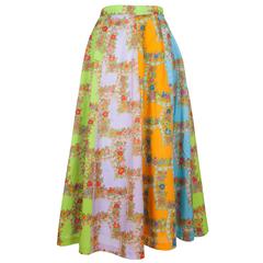 1970's Bright Green Lilac and Orange Floral Grid Silky Circle Skirt