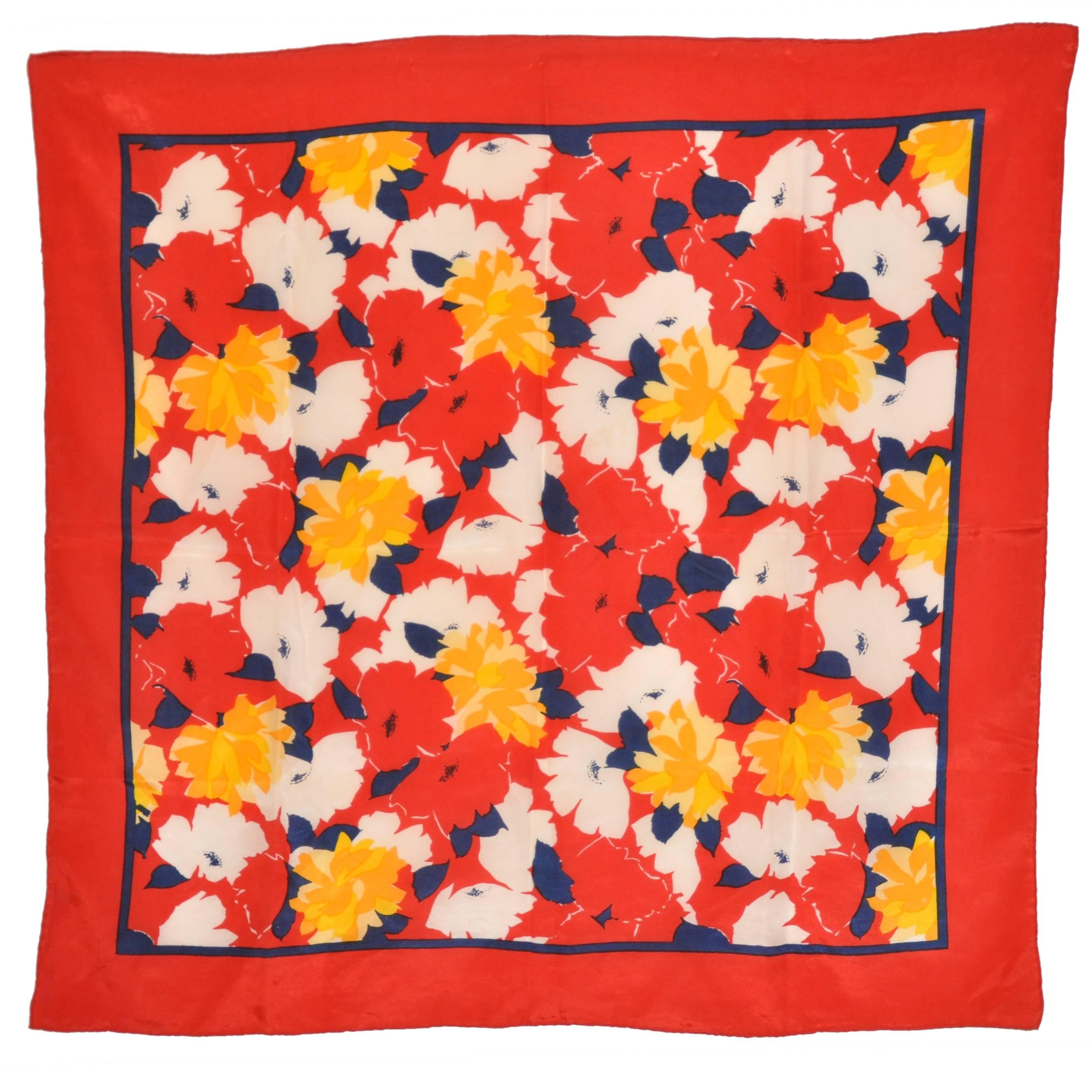 Bold Multi Floral with Red Border Silk Scarf For Sale