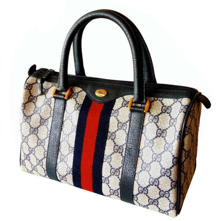Iconic Gucci Navy Leather + Monogram Canvas Web Boston Bag Speedy