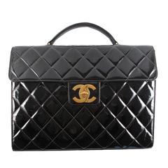 Retro Chanel XL Maxi Briefcase- Patent Leather Black Bag CC Gold Flap Jumbo Turnlock